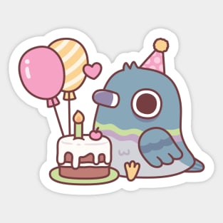 Cute Pigeon With Balloons And Birthday Cake Sticker